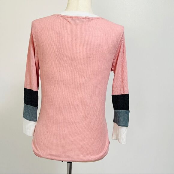 WildFox Soft Waffle Knit Leroy V-Neck Tee XS 3/4 Quarter Sleeve Pink White Gray - Picture 9 of 13